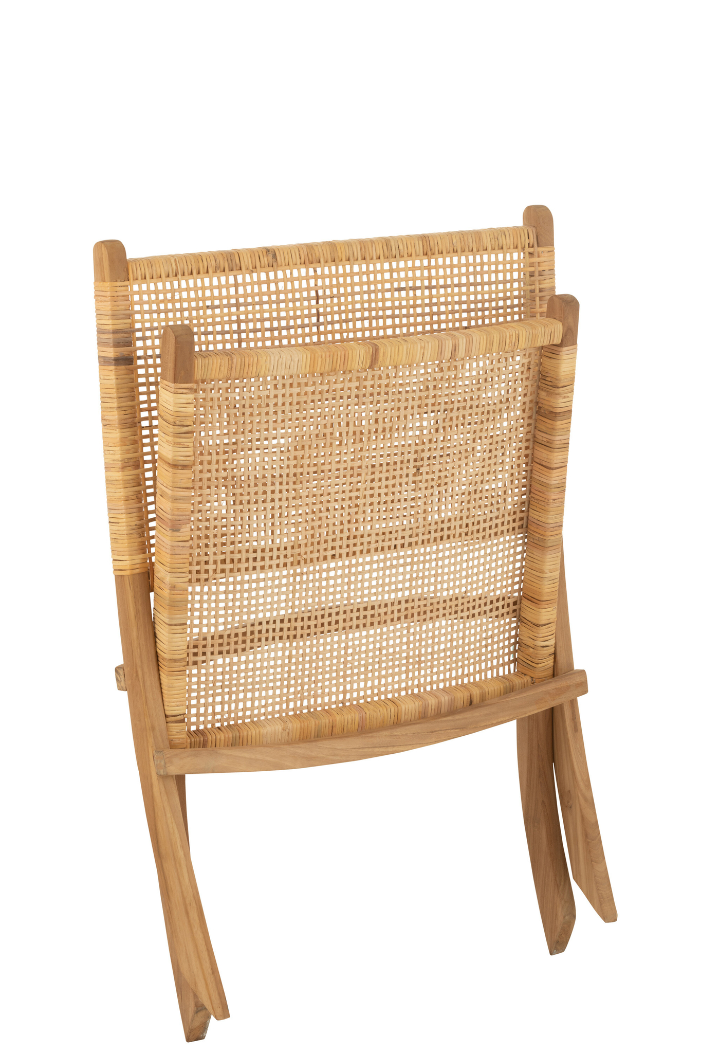 De Inklapbare Stoel Rotan/Teak Natuurlijk is een inklapbare stoel van rotan en teakhout met een natuurlijke afwerking, met een gebogen frame en twee vakken voor tijdschriften of kranten.