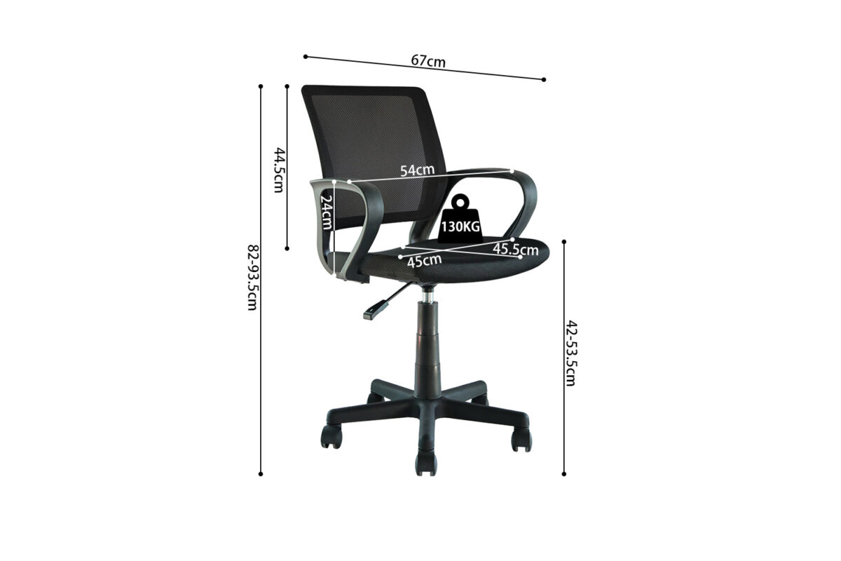 Bureaustoel 'Pura' Zwart (1c): zwarte bureaustoel met netrugleuning, armleuningen, onderstel met vijf wielen. Afmetingen: 67cm breedte, 82,5-93,5cm hoogte, 47,5cm rughoogte, 54cm rugbreedte. Maximaal gewicht: 130kg.