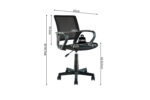 Bureaustoel 'Pura' Zwart (1c): zwarte bureaustoel met netrugleuning, armleuningen, onderstel met vijf wielen. Afmetingen: 67cm breedte, 82,5-93,5cm hoogte, 47,5cm rughoogte, 54cm rugbreedte. Maximaal gewicht: 130kg.