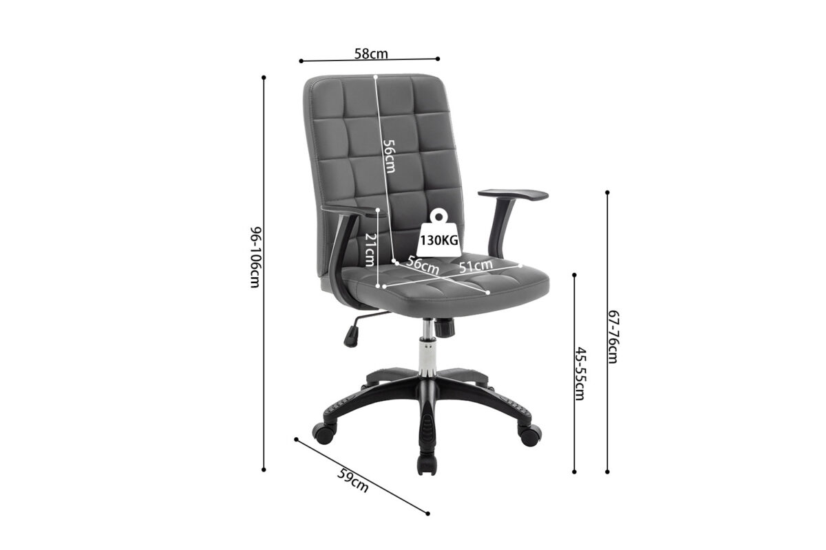 De Bureaustoel 'Luka' Grijs PU (1c) heeft armleuningen, een grijze PU-afwerking, rugleuninghoogte 56cm, zitdiepte 51cm, breedte 58cm, verstelbare zithoogte 45,5-54,5cm, totale hoogte 96-106cm en een maximaal draagvermogen van 130kg.