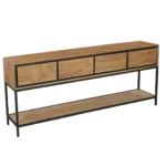 De Sidetable RichWood | 180 cm is een moderne houten consoletafel met vier laden, een zwart metalen frame en een open onderste plank voor extra opbergruimte.