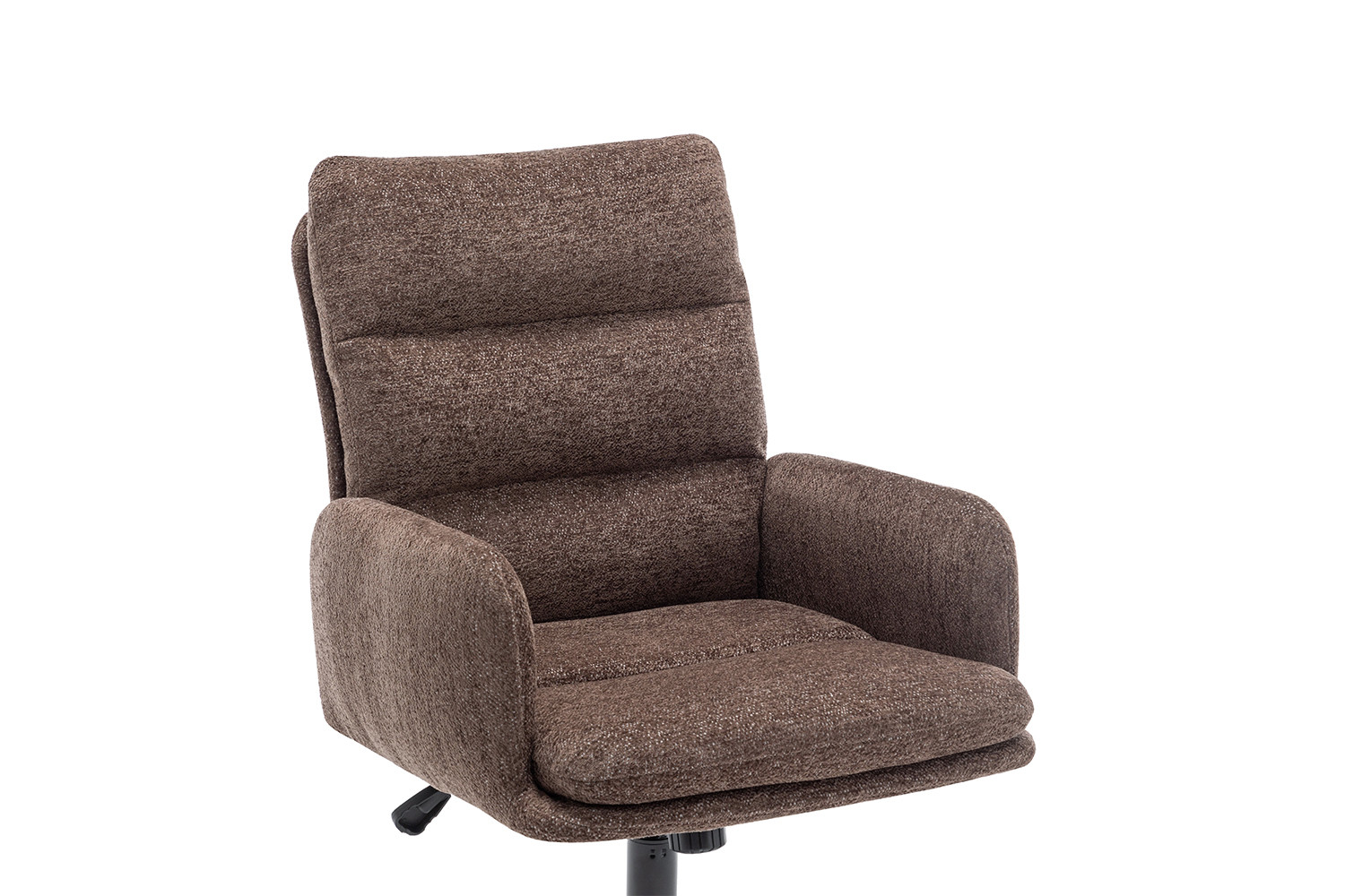 De Bureaustoel 'Aimé' Stof Fabb Raven 45 Bruin (1 per doos) is een bruin gestoffeerde bureaustoel met gecapitonneerde zitting, rugleuning en armleuningen. Hij heeft een modern ontwerp zonder zichtbare wielen of onderstel, afgebeeld tegen een witte achtergrond.