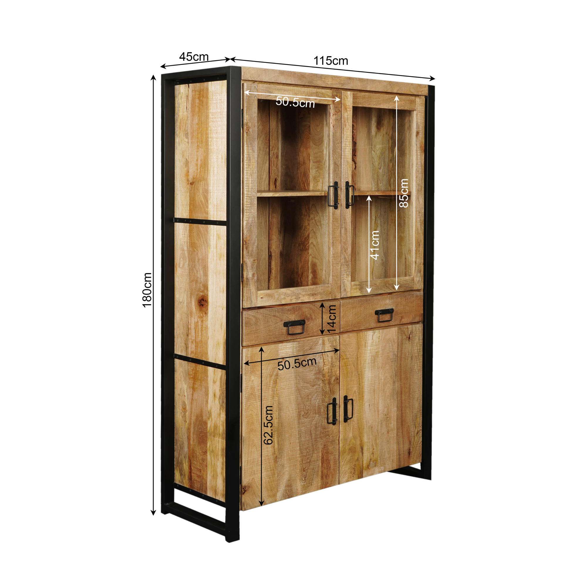 Vitrinekast Boaz 115 cm: Een hoge houten kast met zwart metalen frame van 180x115x45 cm. Voorzien van glazen deuren, laden en kastjes met interne afmetingen in centimeters.