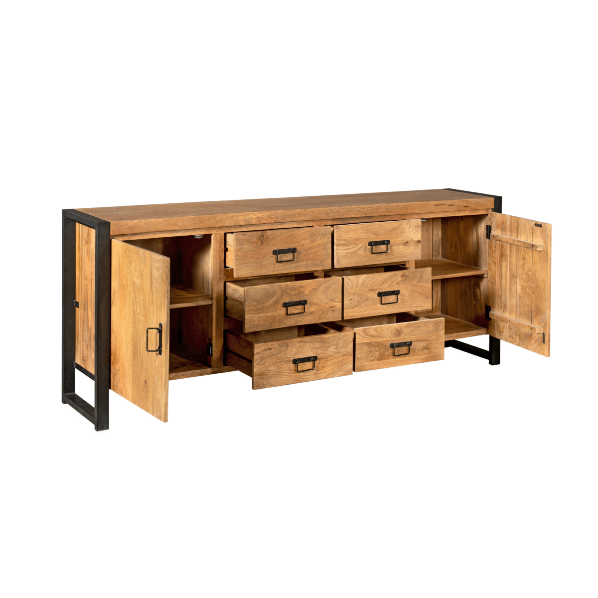 De Dressoir Boaz 200 cm is een modern, industrieel houten dressoir met een natuurlijke afwerking, zwarte metalen frame-accenten, vier centrale lades en twee kasten aan elke kant met open deuren.