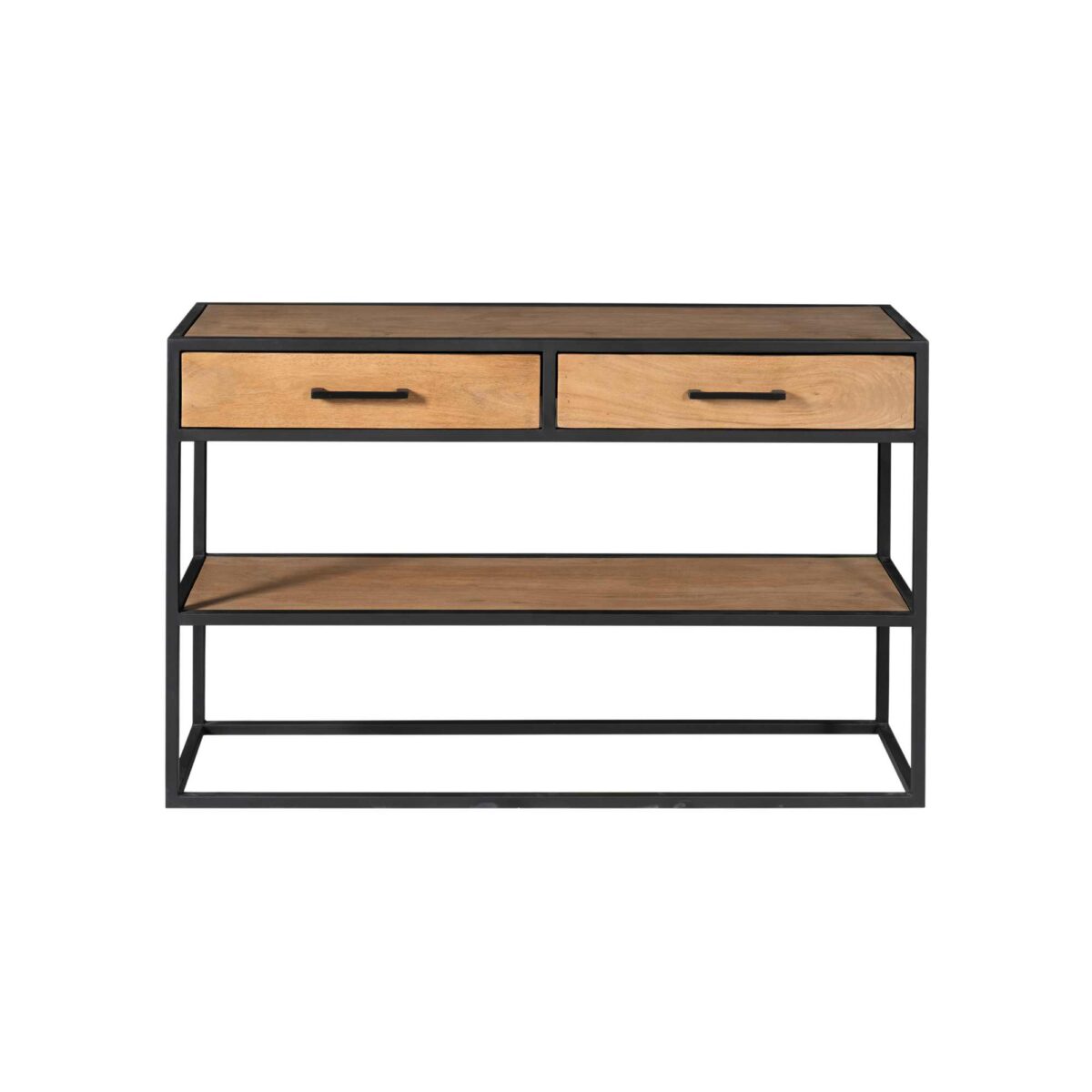 De Sidetable Denver | Mangohout en metaal heeft een rechthoekig ontwerp met een zwart metalen frame, twee bovenste houten lades met zwarte handgrepen en twee open houten planken eronder.