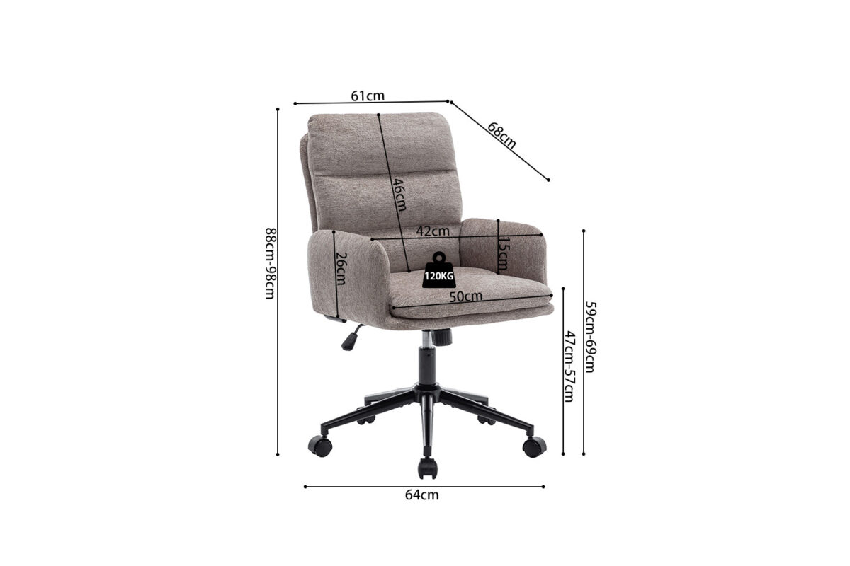 Bureaustoel 'Aimé' Stof Fabb Raven 30 Zand: hoogte 88-98cm, breedte 61cm, diepte 64cm, zithoogte 42-52cm, zitbreedte 50cm, zitdiepte 42cm, armhoogte 26cm, rugleuninghoogte 58cm; max. belasting 120kg. (1 per doos).