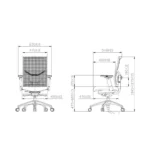 Technische tekening van de Workliving Zuidas Comfort Special Edition Groen ergonomische bureaustoel (N)EN 1335, met voor- en zijaanzicht met zitbreedte, hoogte, diepte, rugleuningmaat. Voorzien van armleggers en een verrijdbaar onderstel. Geen lendensteun inbegrepen.