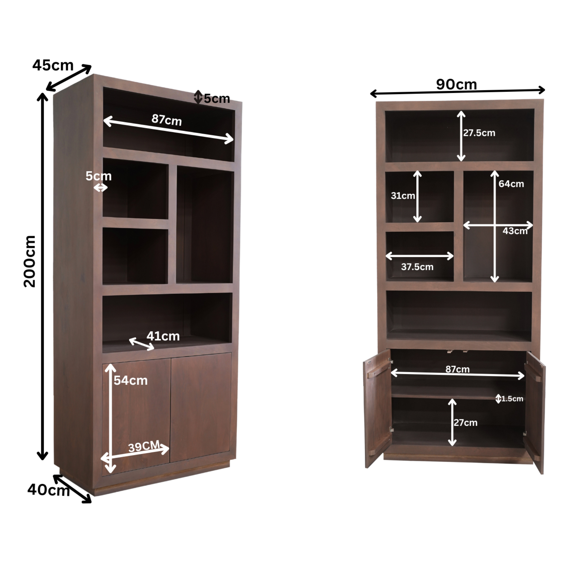 De Vakkenkast Brussel Walnut | 90 cm is een bruine houten boekenplank met open planken en onderkasten, getoond vanuit twee hoeken. Afmetingen in centimeters geven de plankhoogtes, breedtes en kastruimte aan.