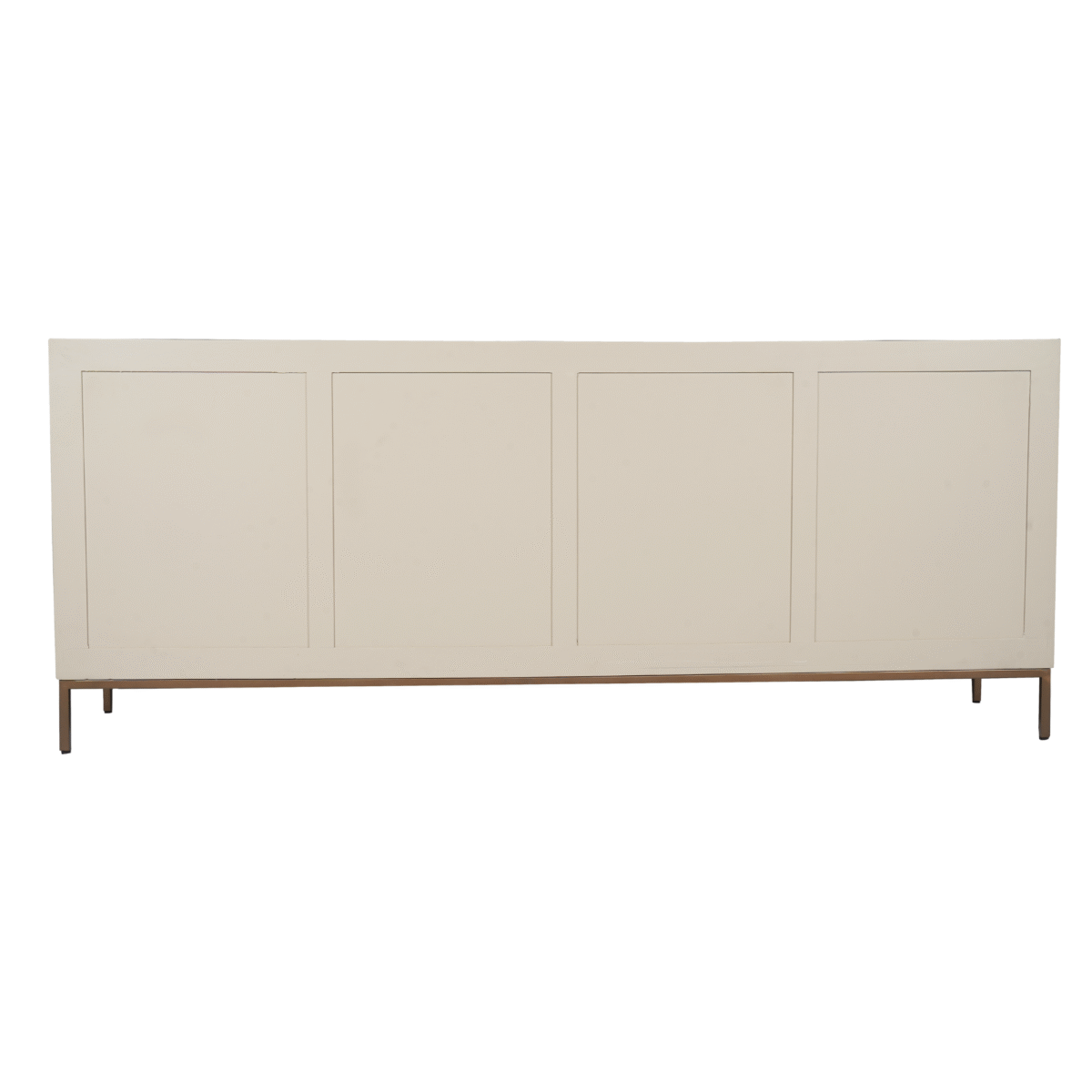 De Dressoir Madison Sand | 210 cm is een minimalistische rechthoekige kast met vier platte, lichtbeige deuren en dunne poten, afgebeeld op een witte achtergrond.