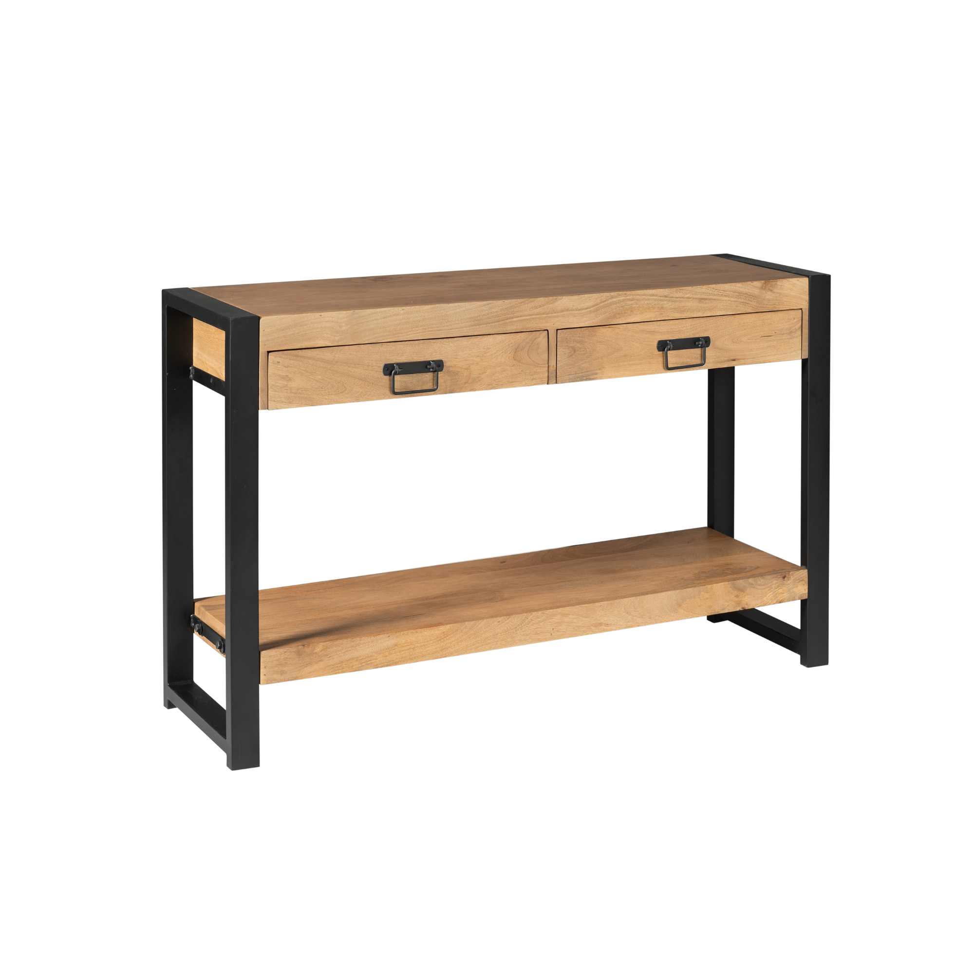 De Sidetable Boaz | 120 cm heeft een houten console met twee laden, een onderste plank en een zwart metalen frame. Het moderne industriële ontwerp heeft rechthoekige handgrepen op elke lade.