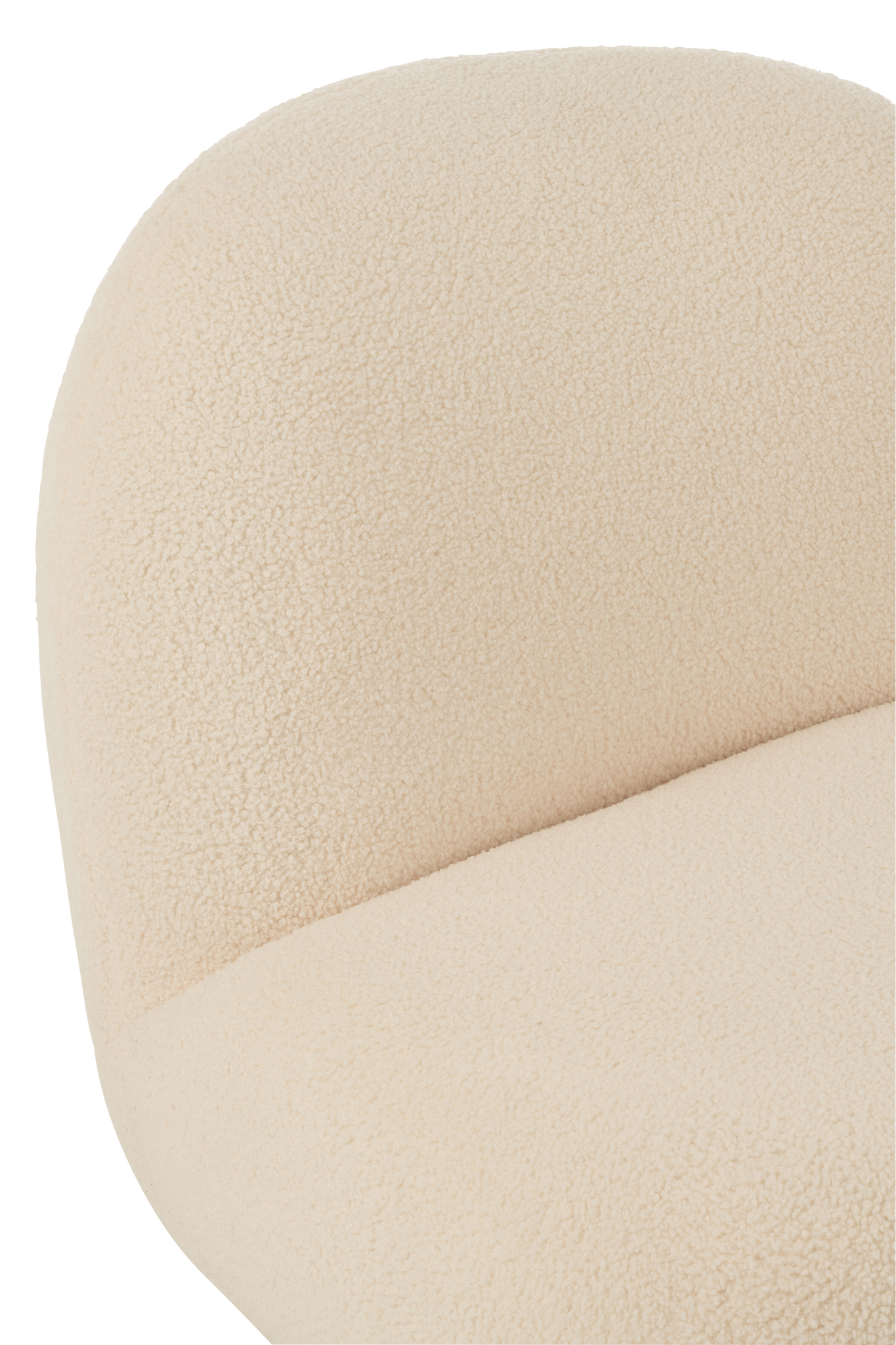 Close-up van de loungestoel Sneeuw Wit/Zwart Comfort, met een afgeronde rugleuning en zitting bekleed met een zachte, crèmekleurige stof die doet denken aan boucle.