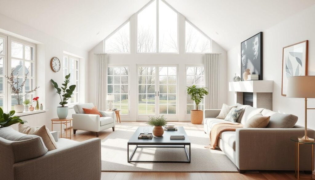 Hedendaags Nederlands woonkamermet lichte kleuren en grote ramen