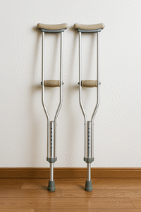 Een paar aluminium krukken-groot moeten krukken- met beige handvatten en armleuningen staan rechtop, leunend tegen een witte muur op een houten vloer.