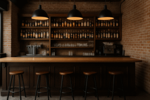 Een gezellig horeca-interieur heeft een houten toonbank met vier krukken, planken vol flessen en glazen, drie hangende hanglampen en een zichtbare bakstenen muur.