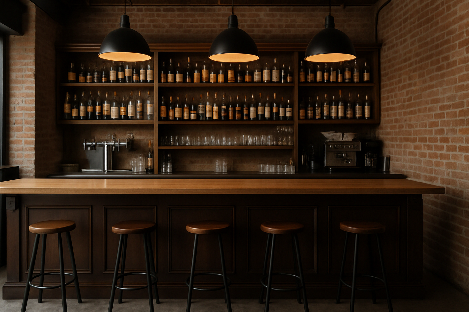 Een gezellig horeca-interieur heeft een houten toonbank met vier krukken, planken vol flessen en glazen, drie hangende hanglampen en een zichtbare bakstenen muur.