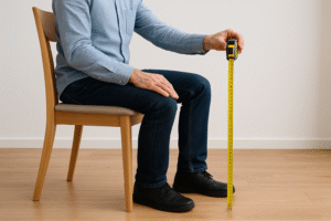 Een zittend persoon houdt een meetlint vast vanaf de rand van een stoelzitting tot op de vloer, om te illustreren hoe de zithoogte gemeten wordt. De persoon draagt een blauw shirt, een donkere spijkerbroek en zwarte schoenen.