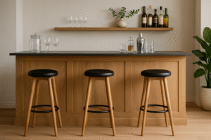 Een moderne thuisbar met een houten toonbank op de ideale hoogte-want hoe hoog moet een bar zijn-voor comfort, drie houten krukken met zwarte zittingen, glaswerk, flessen, een shaker en een plant; op een plank erboven staan nog meer flessen en glazen.