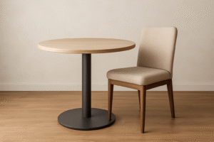 Een ronde houten tafel met een zwart onderstel staat naast een beige gestoffeerde stoel met de juiste hoogte om stoel te zijn bij een tafel van 105 cm, op een lichthouten vloer tegen een effen lichtkleurige muur.