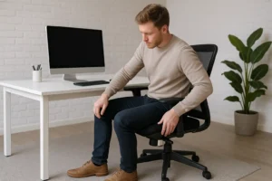 Een man zit op een bureaustoel naast een bureau met een computermonitor, toetsenbord en muis. Hij kijkt naar beneden met zijn handen op zijn knieën, misschien nadenkend over hoe u uw stoel instelt. Een potplant staat op de achtergrond.