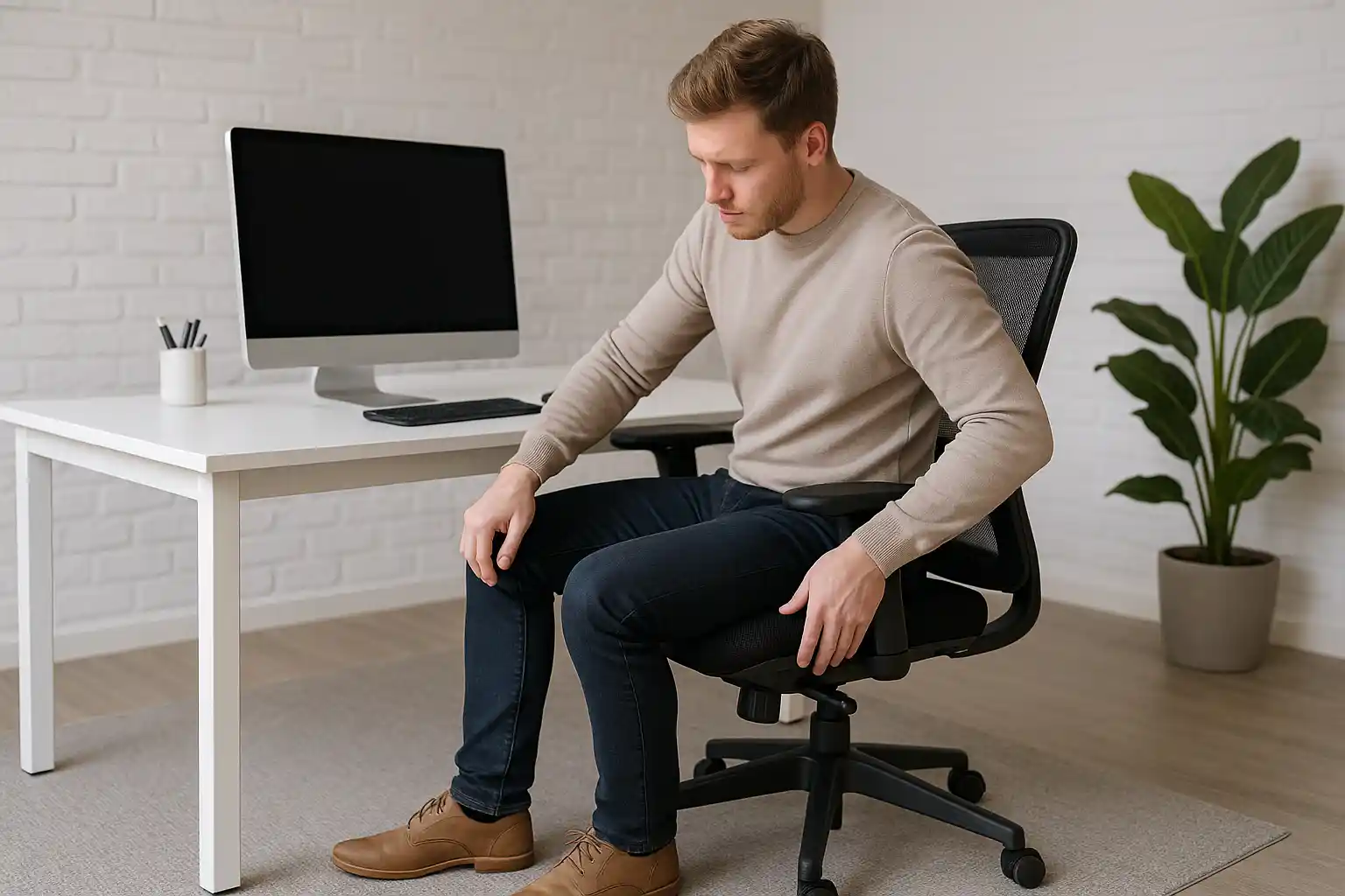 Een man zit op een bureaustoel naast een bureau met een computermonitor, toetsenbord en muis. Hij kijkt naar beneden met zijn handen op zijn knieën, misschien nadenkend over hoe u uw stoel instelt. Een potplant staat op de achtergrond.
