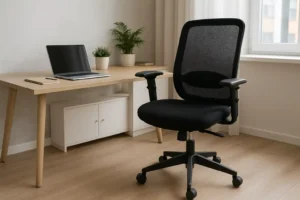 Een modern kantoor aan huis heeft een ergonomische stoel van zwart gaas-waarbij ik me op of mijn bureaustoel goed voel-naast een houten bureau met een laptop, potlood en potplanten, allemaal badend in het natuurlijke licht van het nabijgelegen raam.