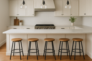 Een moderne keuken heeft een wit eiland met vijf houten krukken, witte kasten, een roestvrijstalen fornuis, twee hanglampen en een minimale inrichting met onder andere een plant en snijplanken. Hoeveel krukken staan er bij het eiland?.