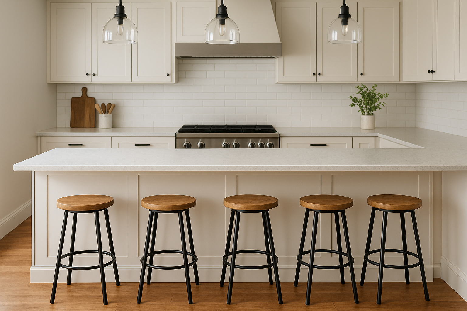 Een moderne keuken heeft een wit eiland met vijf houten krukken, witte kasten, een roestvrijstalen fornuis, twee hanglampen en een minimale inrichting met onder andere een plant en snijplanken. Hoeveel krukken staan er bij het eiland?.