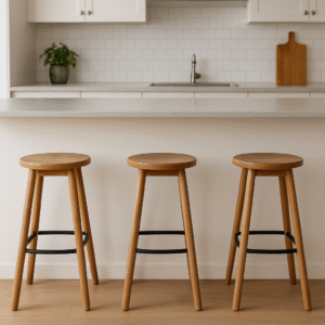 Drie houten barkrukken met ronde zittingen staan op een rij bij een lichtgekleurd aanrecht en laten zien hoeveel ruimte er tussen moet zijn voor comfort. Op de achtergrond staan witte kastjes, een betegelde achterwand, een gootsteen, een plant in potten en een houten snijplank.