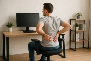 Een man zit in een bureaustoel goed voor de onderrug, maar houdt zijn onderrug nog steeds pijnlijk vast aan zijn bureau. Achter hem staan planken met planten, ordners en een computer.