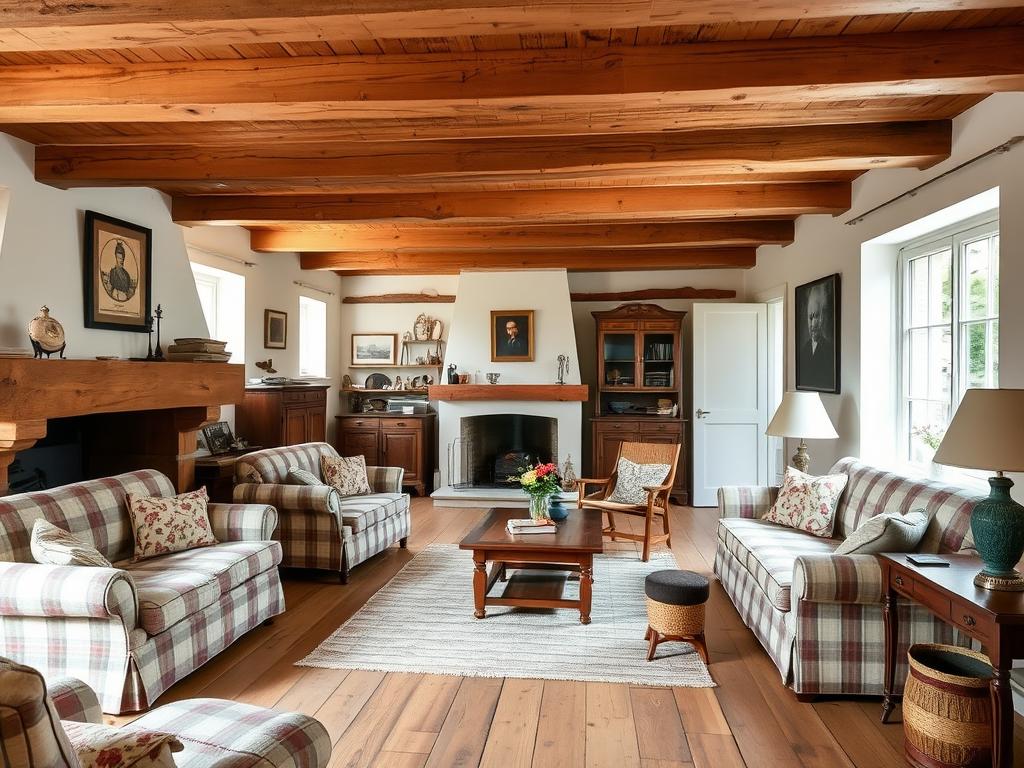 Landelijke woonkamer met houten elementen en comfortabele meubels
