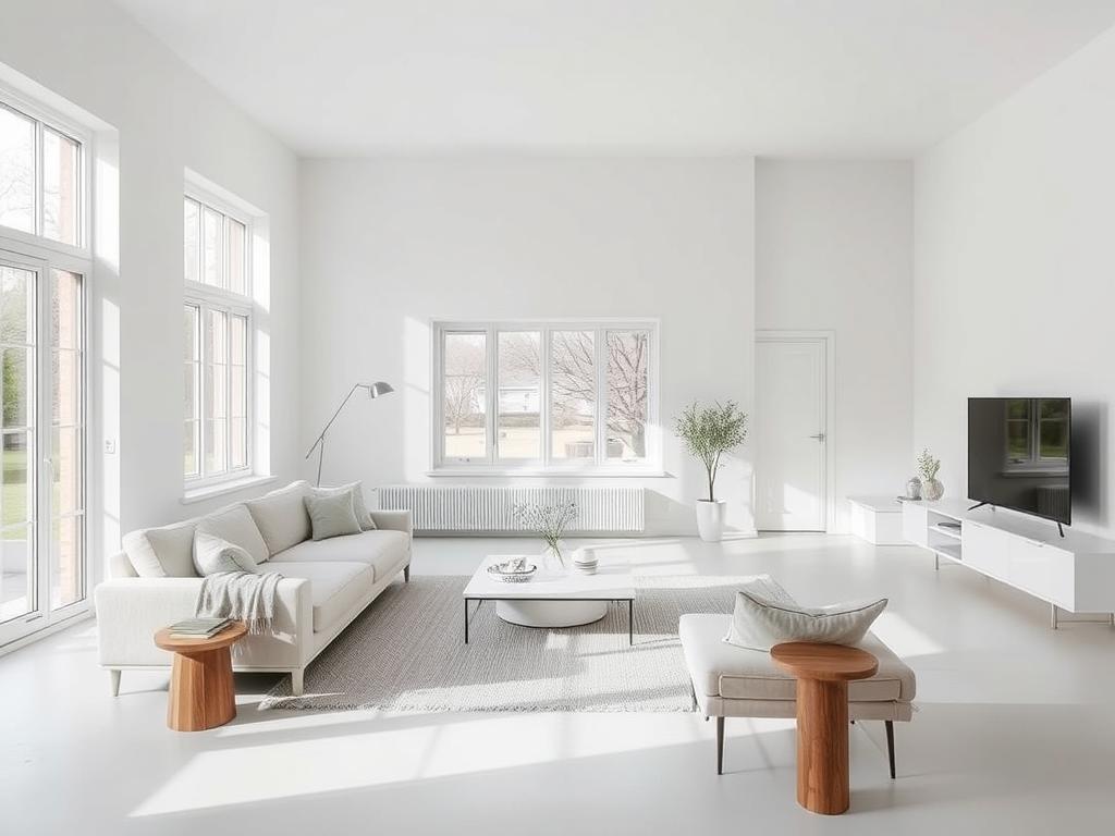 Minimalistische woonkamer met strakke lijnen en neutrale kleuren