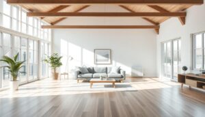 Moderne woonkamer met lichte houten vloer en grijze bank in typisch Nederlands huis