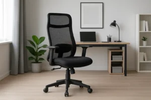 Een moderne zwarte bureaustoel van gaas, perfect voor het kopen van een bureaustoel, staat voor een bureau met een laptop, bureaulamp, ingelijste kunst en planken in een minimalistisch kantoor aan huis met een lichte houten vloer en een potplant bij het raam.