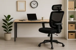 Een modern thuiskantoor met een zwarte ergonomische stoel-let op: opletten bij een bureaustoel is belangrijk-plus een houten bureau met een laptop, notitieblok, mok, wandklok, potplant, ingelijste foto, planken en opbergdozen in een lichte kamer.