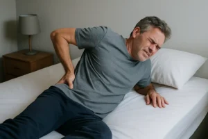 Een man van middelbare leeftijd in een grijs t-shirt zit op de rand van een bed, houdt zijn onderrug vast en huivert, duidelijk last hebbend van rugpijn als ik ga liggen.