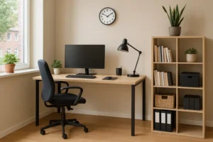 Minimalistisch thuiskantoor met alles wat nodig is voor een thuiskantoor: een bureau, computermonitor, toetsenbord, muis, lamp en stoel. Planken met planten, dozen en ordners staan rechts; potplanten en een raam links; een klok hangt aan de muur.