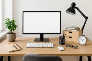 Een opgeruimd bureau met een computermonitor, toetsenbord, muis, notitieblok, pen, potplant, bureaulamp, boeken, bril, klok en alles wat er op een bureau hoort liggen netjes geordend op een houten oppervlak.