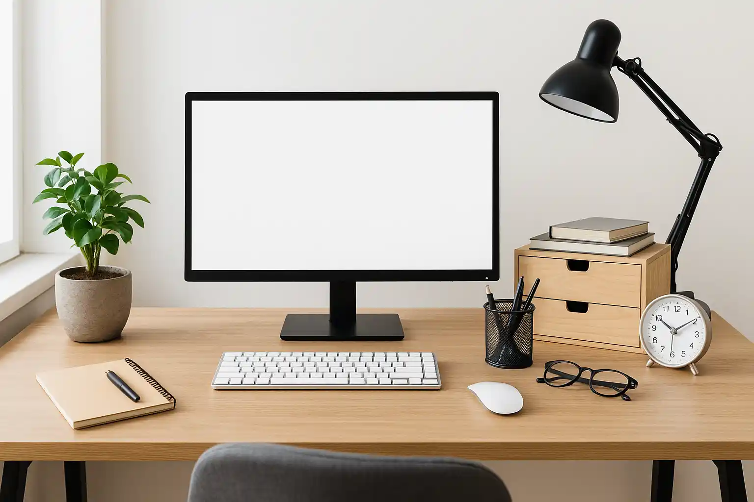 Een opgeruimd bureau met een computermonitor, toetsenbord, muis, notitieblok, pen, potplant, bureaulamp, boeken, bril, klok en alles wat er op een bureau hoort liggen netjes geordend op een houten oppervlak.