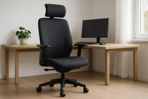 Een zwarte ergonomische bureaustoel -waarbij comfort belangrijk is aan een bureaustoel- met een hoofdsteun en armleuningen staat bij een houten bureau. Op het bureau staan een monitor en een potplant. De kamer heeft lichte houten vloeren en een raam met witte gordijnen.