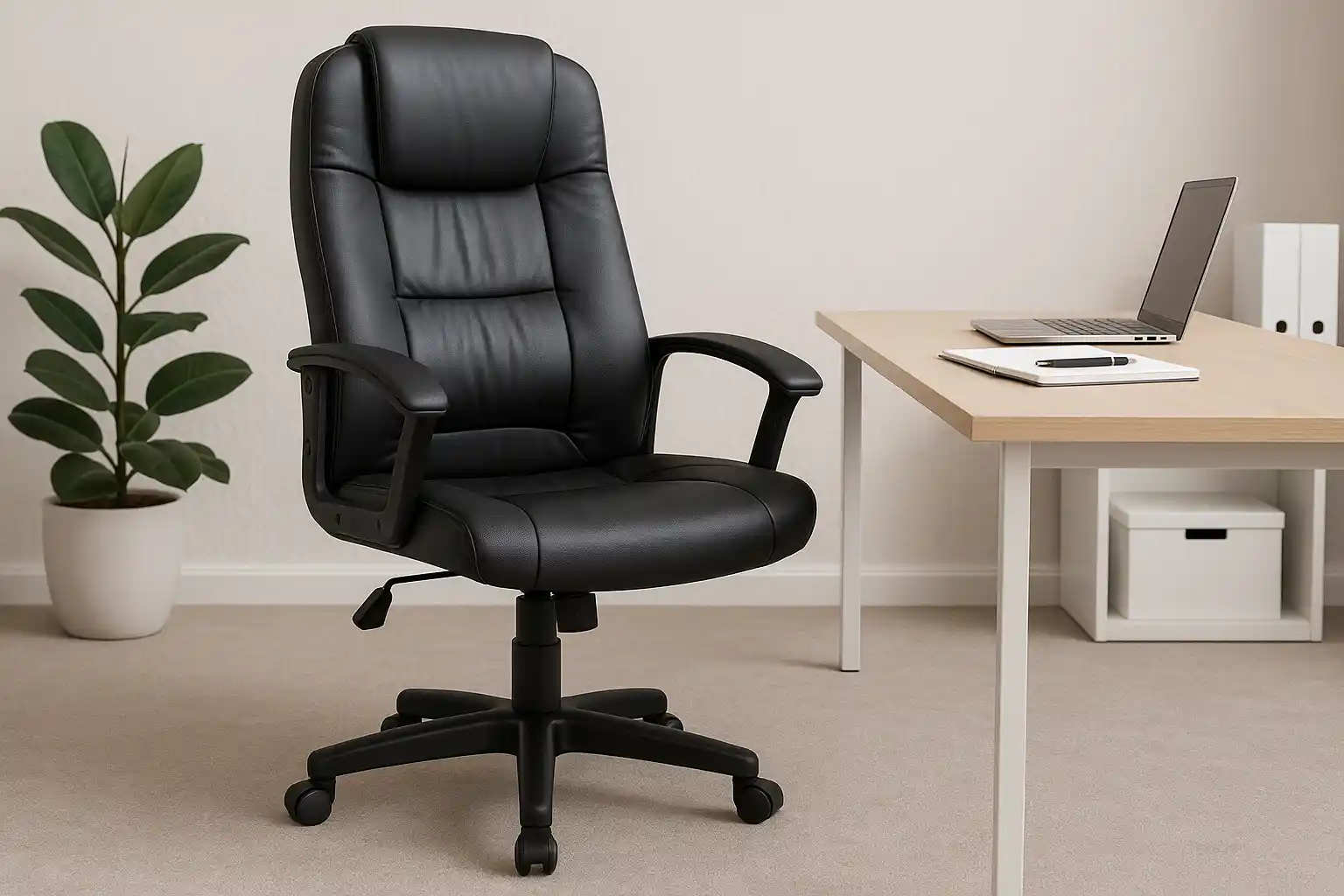 Een zwarte leren bureaustoel-belangrijk voor een bureaustoel- staat naast een licht houten bureau met een laptop, notitieblok en pen. Op de achtergrond voegen een groene potplant en opbergdozen stijl en organisatie toe.