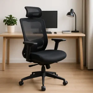 Een moderne zwarte ergonomische bureaustoel, de beste bureaustoel volgens de Consumentenbond, met verstelbare armleuningen en hoofdsteun staat voor een houten bureau met een computer, lamp en potplant in een stijlvolle setting van een thuiskantoor.