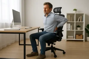Een man die in een bureaustoel voor rugklachten aan zijn bureau zit, houdt zijn onderrug vast en trekt een pijnscheut, wat wijst op ongemak ondanks pogingen om de rugpijn te verlichten. Een computer, boekenplanken en een kamerplant zijn zichtbaar in de lichte, opgeruimde kamer.