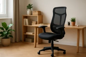 Een moderne zwarte bureaustoel van gaas, beschouwd als de beste bureaustoel voor thuiswerk, staat op wieltjes voor een houten bureau in een thuiskantoor met planten en boeken. Licht van een nabijgelegen raam creëert een rustige, georganiseerde werkplek.