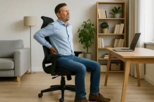 Een man zit in een bureaustoel en houdt zijn onderrug vast. Hij lijkt pijn te hebben, mogelijk door rugklachten. Het kiezen van de beste stoel voor je vloerkleed kan zulke problemen helpen voorkomen. Een laptop, planken, planten en een bank staan op de achtergrond.