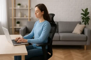 Vrouw met bruin haar draagt een lichtblauwe trui en zit aan een bureau met een laptop in een moderne woonkamer. Ze demonstreert de beste zithouding voor mijn vloerkleed met een rechte houding; grijze bank, planken en potplant op de achtergrond.