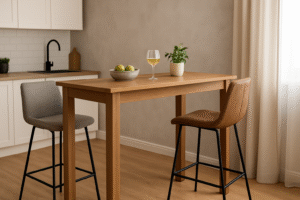 Een moderne keuken met een houten hoge tafel op de ideale hoogte voor een bartafel, twee barkrukken (een grijze, een bruine), een schaal met groene appels, een glas witte wijn en een kleine plant in pot. Zacht natuurlijk licht komt door een raam.