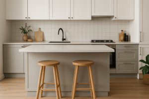 Een moderne keuken met witte kastjes, een lichtgrijs eiland op de ideale hoogte, twee houten krukjes, een zwarte kraan, een gasfornuis en een minimalistische inrichting met snijplanken en een plantje.