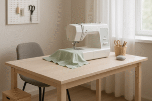 Een witte naaimachine met groene stof staat op de ideale hoogte voor een naaitafel op een lichte houten tafel in een lichte, opgeruimde kamer. Vlakbij staan een schaar, garen en een stoel. Zacht natuurlijk licht valt binnen door een raam met transparante gordijnen.