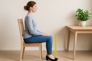 Een vrouw zit rechtop op een houten stoel, voeten plat op de grond, en meet de ideale zithoogte met een geel lint dat verticaal tussen haar knieën staat; op de achtergrond staat een potplant op een tafel.