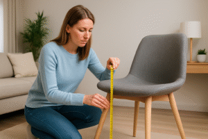 Een vrouw knielt naast een grijze stoel en meet de zithoogte met een geel meetlint in een moderne, opgeruimde woonkamer om de ideale zithoogte te controleren.